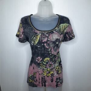 Vintage Y2K Fairy Grunge Baby Tee T-shirt Rhinestone Floral Medium Vanilla Sugar